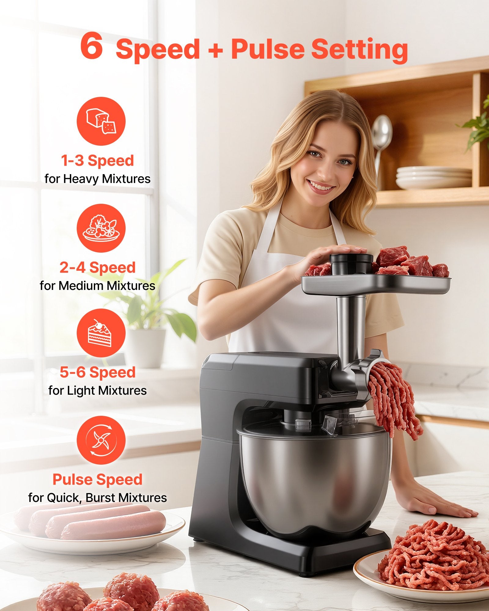 Stand Mixer, 7.8 L Electric Kitchen Mixer, 1500W Dough-Mixer, 6+P