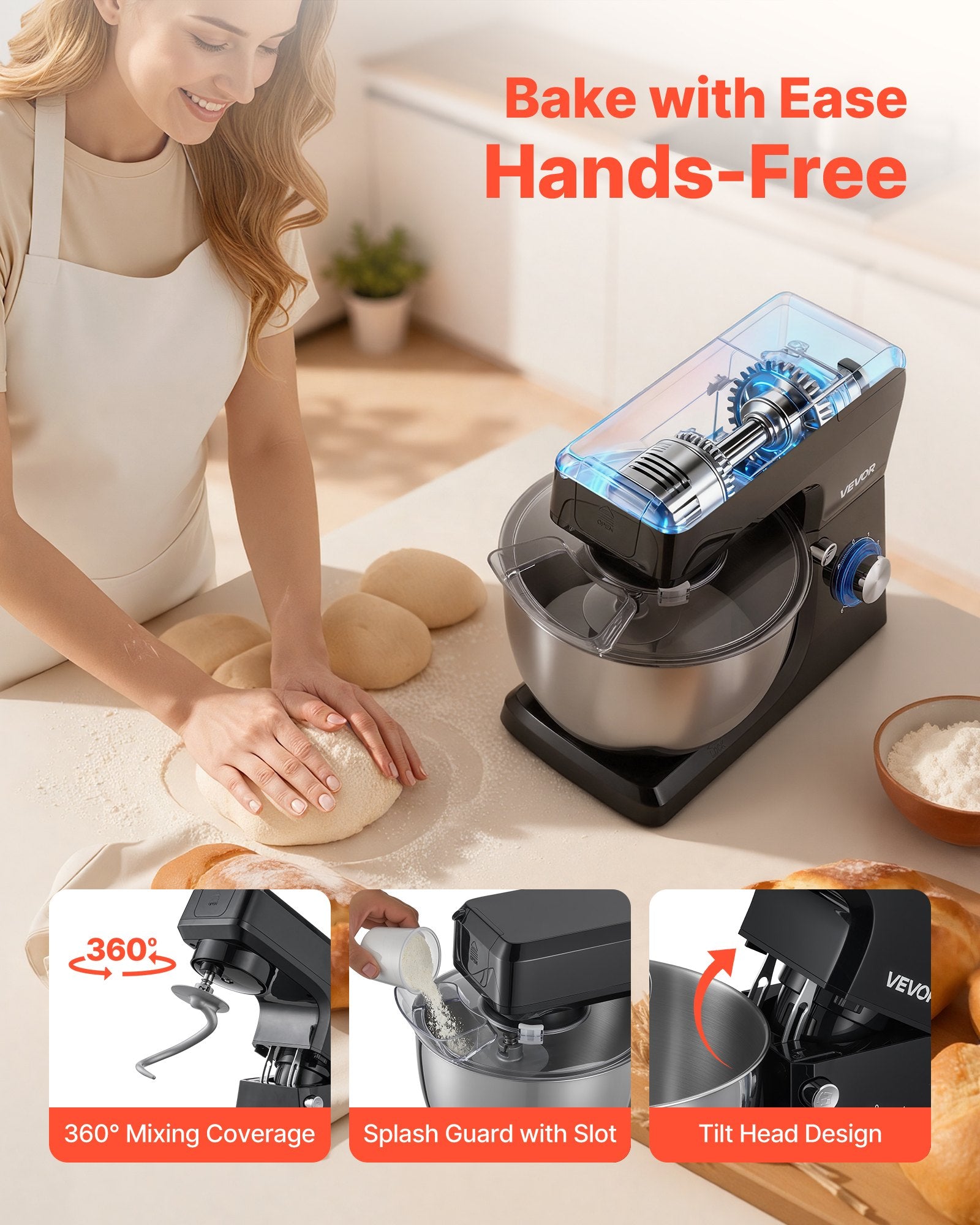 Stand Mixer, 7.8 L Electric Kitchen Mixer, 1500W Dough-Mixer, 6+P