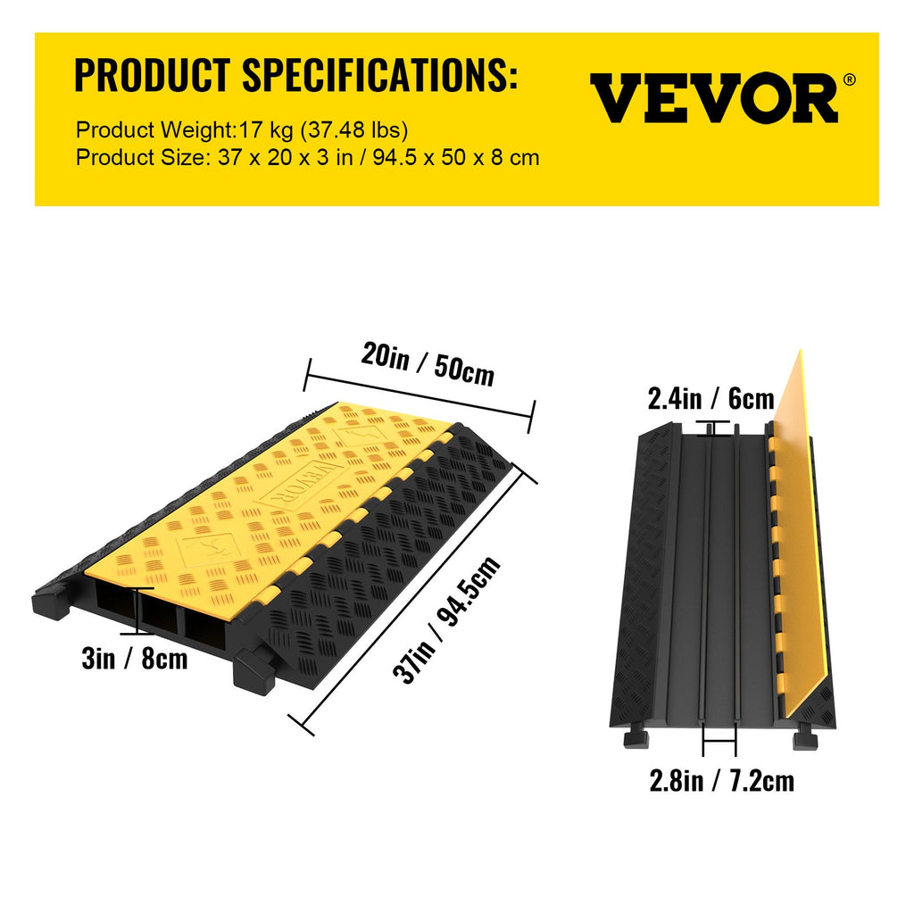 3 Channel Rubber Cable Protector Ramp 94.5x50x8 cm Heavy Duty Cable