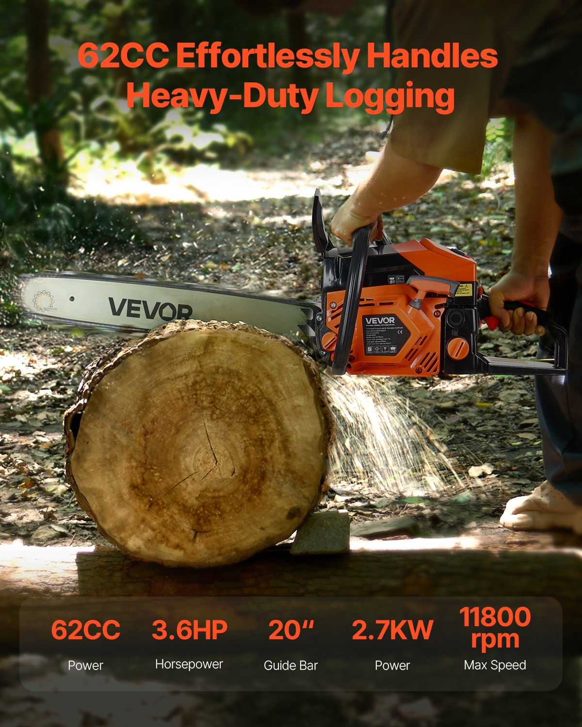 62 cc Gas Chainsaw, 20 inch Gas Powered Chainsaw, 3.6 HP Power Chain